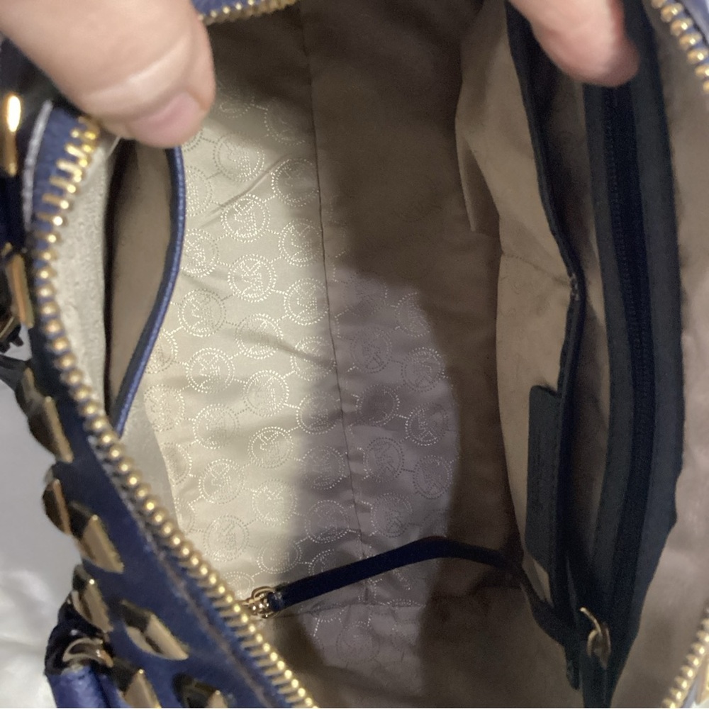 MICHAEL Kors Navy Blue Gold Studded Leather Grayson Satchel with Long Strap - Picture 10 of 13